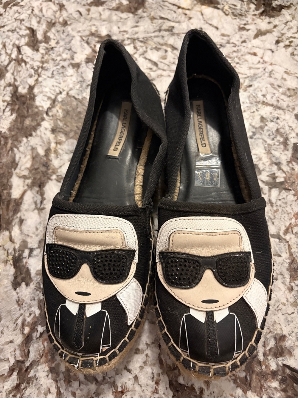 Karl Lagerfeld Black Canvas Espadrille Flats with Character Patch size 6